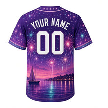 Load image into Gallery viewer, Lakeshore Fireworks Milwaukee Baseball Jersey in Twilight Purple, back view with your name and number – spark and star pattern sleeves