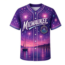 Load image into Gallery viewer, Lakeshore Fireworks Milwaukee Baseball Jersey in Twilight Purple, front view – fireworks bursting over the lakefront harbor art, custom name and number