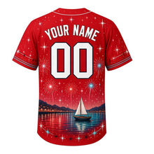 Load image into Gallery viewer, Lakeshore Fireworks Milwaukee Baseball Jersey in Firecracker Red, back view with your name and number – spark and star pattern sleeves