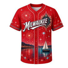 Load image into Gallery viewer, Lakeshore Fireworks Milwaukee Baseball Jersey in Firecracker Red, front view – fireworks bursting over the lakefront harbor art, custom name and number