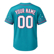 Load image into Gallery viewer, Lakeshore Fireworks Milwaukee Baseball Jersey in Harbor Teal, back view with your name and number – spark and star pattern sleeves