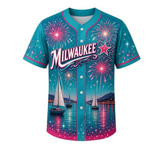 Load image into Gallery viewer, Lakeshore Fireworks Milwaukee Baseball Jersey in Harbor Teal, front view – fireworks bursting over the lakefront harbor art, custom name and number