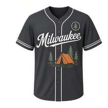 Load image into Gallery viewer, Lakeside Camping Milwaukee Baseball Jersey in Night Charcoal, front view – A-frame tent with pine trees by the lake graphic with pine crest, custom name and number