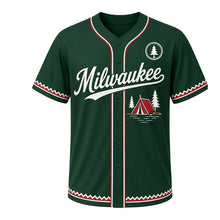 Load image into Gallery viewer, Lakeside Camping Milwaukee Baseball Jersey in Pine Forest Green, front view – A-frame tent with pine trees by the lake graphic with pine crest, custom name and number