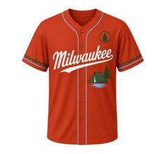 Load image into Gallery viewer, Lakeside Camping Milwaukee Baseball Jersey in Ember Rust, front view – A-frame tent with pine trees by the lake graphic with pine crest, custom name and number