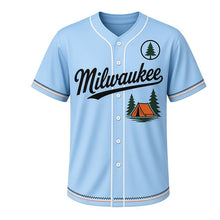 Load image into Gallery viewer, Lakeside Camping Milwaukee Baseball Jersey in Lake Sky Blue, front view – A-frame tent with pine trees by the lake graphic with pine crest, custom name and number