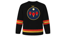 Load image into Gallery viewer, Lantern Festival Original Hockey Jersey in Midnight Black, front view – hanging red lantern trio crest – custom name and number