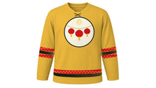 Load image into Gallery viewer, Lantern Festival Original Hockey Jersey in Imperial Gold, front view – hanging red lantern trio crest – custom name and number