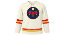 Load image into Gallery viewer, Lantern Festival Original Hockey Jersey in Ivory White, front view – hanging red lantern trio crest – custom name and number
