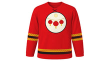 Load image into Gallery viewer, Lantern Festival Original Hockey Jersey in Lantern Red, front view – hanging red lantern trio crest – custom name and number