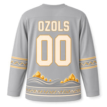 Load image into Gallery viewer, Latvia Amber Coast Original Hockey Jersey in Dune Gray, back view with your name and number