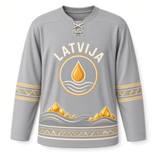 Load image into Gallery viewer, Latvia Amber Coast Original Hockey Jersey in Dune Gray, front view – custom name and number