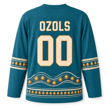 Load image into Gallery viewer, Latvia Amber Coast Original Hockey Jersey in Baltic Teal, back view with your name and number