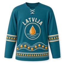 Load image into Gallery viewer, Latvia Amber Coast Original Hockey Jersey in Baltic Teal, front view – custom name and number