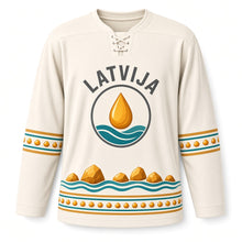 Load image into Gallery viewer, Latvia Amber Coast Original Hockey Jersey in Sand White, front view – custom name and number