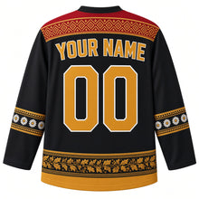 Load image into Gallery viewer, Latvia Original Hockey Jersey in Amber Night, back view with your name and number – detailed Lielvārde belt weave yoke and matching ornate bands