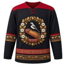 Load image into Gallery viewer, Latvia Original Hockey Jersey in Amber Night, front view – ornate daisy, oak-leaf and white wagtail wreath crest and Lielvārde belt weave yoke with finely detailed artwork, custom name and number