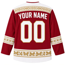 Load image into Gallery viewer, Latvia Original Hockey Jersey in Baltic Carmine, back view with your name and number – detailed Lielvārde belt weave yoke and matching ornate bands