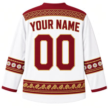 Load image into Gallery viewer, Latvia Original Hockey Jersey in Birch White, back view with your name and number – detailed Lielvārde belt weave yoke and matching ornate bands