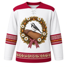 Load image into Gallery viewer, Latvia Original Hockey Jersey in Birch White, front view – ornate daisy, oak-leaf and white wagtail wreath crest and Lielvārde belt weave yoke with finely detailed artwork, custom name and number
