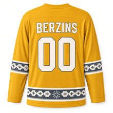 Load image into Gallery viewer, Latvia Folk Sun Sign Original Hockey Jersey in Sun Gold, back view with your name and number