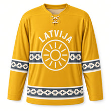 Load image into Gallery viewer, Latvia Folk Sun Sign Original Hockey Jersey in Sun Gold, front view – custom name and number