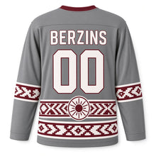 Load image into Gallery viewer, Latvia Folk Sun Sign Original Hockey Jersey in Woven Gray, back view with your name and number