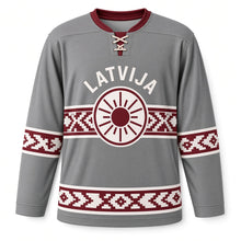 Load image into Gallery viewer, Latvia Folk Sun Sign Original Hockey Jersey in Woven Gray, front view – custom name and number