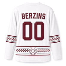 Load image into Gallery viewer, Latvia Folk Sun Sign Original Hockey Jersey in Linen White, back view with your name and number