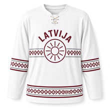 Load image into Gallery viewer, Latvia Folk Sun Sign Original Hockey Jersey in Linen White, front view – custom name and number