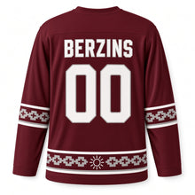 Load image into Gallery viewer, Latvia Folk Sun Sign Original Hockey Jersey in Deep Wine, back view with your name and number