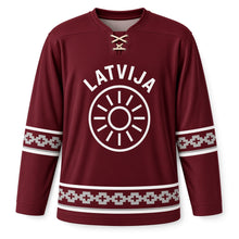 Load image into Gallery viewer, Latvia Folk Sun Sign Original Hockey Jersey in Deep Wine, front view – custom name and number