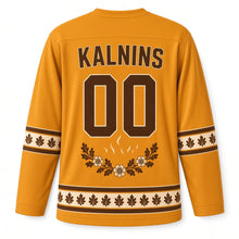 Load image into Gallery viewer, Latvia Midsummer Wreath Original Hockey Jersey in Bonfire Gold, back view with your name and number