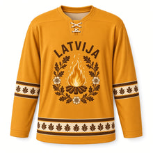 Load image into Gallery viewer, Latvia Midsummer Wreath Original Hockey Jersey in Bonfire Gold, front view – custom name and number
