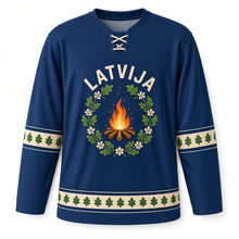 Load image into Gallery viewer, Latvia Midsummer Wreath Original Hockey Jersey in Midsummer Night, front view – custom name and number