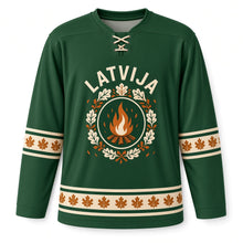 Load image into Gallery viewer, Latvia Midsummer Wreath Original Hockey Jersey in Oak Green, front view – custom name and number