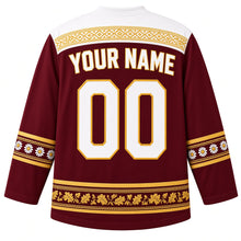 Load image into Gallery viewer, Latvia Original Hockey Jersey in Riga Maroon, back view with your name and number – detailed Lielvārde belt weave yoke and matching ornate bands