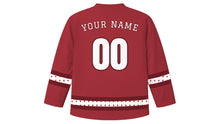 Load image into Gallery viewer, Latvian Independence Day Original Hockey Jersey in Carmine Red, back view with your name and number