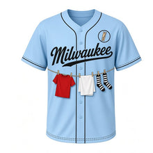 Load image into Gallery viewer, Laundry Line Milwaukee Baseball Jersey in Breezy Sky Blue, front view – backyard clothesline with clothespins and laundry graphic, custom name and number