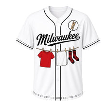 Load image into Gallery viewer, Laundry Line Milwaukee Baseball Jersey in Clean Linen White, front view – backyard clothesline with clothespins and laundry graphic, custom name and number