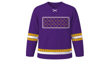 Load image into Gallery viewer, Laylat al-Qadr Original Hockey Jersey in Deep Purple, front view with gold lattice night-sky chest band – custom name and number