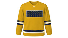 Load image into Gallery viewer, Laylat al-Qadr Original Hockey Jersey in Gold, front view with gold lattice night-sky chest band – custom name and number