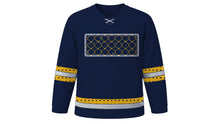 Load image into Gallery viewer, Laylat al-Qadr Original Hockey Jersey in Midnight Navy, front view with gold lattice night-sky chest band – custom name and number