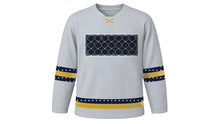 Load image into Gallery viewer, Laylat al-Qadr Original Hockey Jersey in Silver, front view with gold lattice night-sky chest band – custom name and number