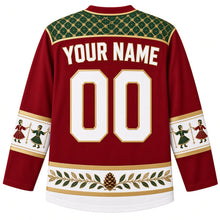 Load image into Gallery viewer, Lebanon Original Hockey Jersey in Raouche Sunset Crimson, back view with your name and number – Tarq Baalbaki embroidery yoke, dabke-dancer sleeve bands and cedar-cone hem band, ornate detailed artwork