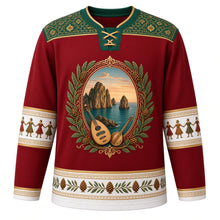 Load image into Gallery viewer, Lebanon Original Hockey Jersey in Raouche Sunset Crimson, front view – Pigeon Rocks and cedar-branch crest with oud and nay, Tarq Baalbaki embroidery yoke and dabke-dancer sleeve bands, ornate detailed artwork, custom name and number