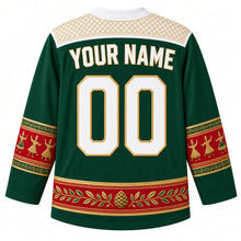 Load image into Gallery viewer, Lebanon Original Hockey Jersey in Cedar Green, back view with your name and number – Tarq Baalbaki embroidery yoke, dabke-dancer sleeve bands and cedar-cone hem band, ornate detailed artwork