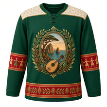 Load image into Gallery viewer, Lebanon Original Hockey Jersey in Cedar Green, front view – Pigeon Rocks and cedar-branch crest with oud and nay, Tarq Baalbaki embroidery yoke and dabke-dancer sleeve bands, ornate detailed artwork, custom name and number