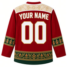 Load image into Gallery viewer, Lebanon Original Hockey Jersey in Phoenician Red, back view with your name and number – Tarq Baalbaki embroidery yoke, dabke-dancer sleeve bands and cedar-cone hem band, ornate detailed artwork