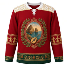 Load image into Gallery viewer, Lebanon Original Hockey Jersey in Phoenician Red, front view – Pigeon Rocks and cedar-branch crest with oud and nay, Tarq Baalbaki embroidery yoke and dabke-dancer sleeve bands, ornate detailed artwork, custom name and number